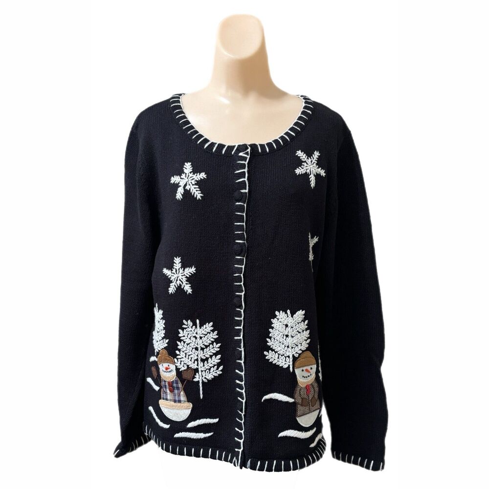Vintage Le Moda Snowman Cardigan Sweater Medium Christmas Holiday Novelty Winter